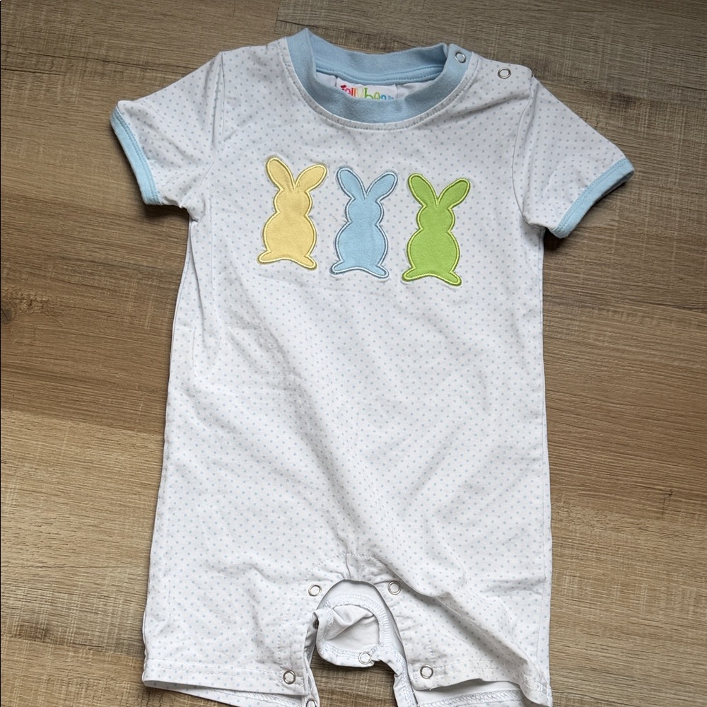 Jelly Beans Romper with Yellow, Blue, and Green Bunnies